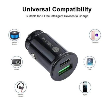 TE-339PD Dual Port Car Charger For Fast USB C Charging compact black car adapter with USB-C PD and USB-A ports for smartphones tablets