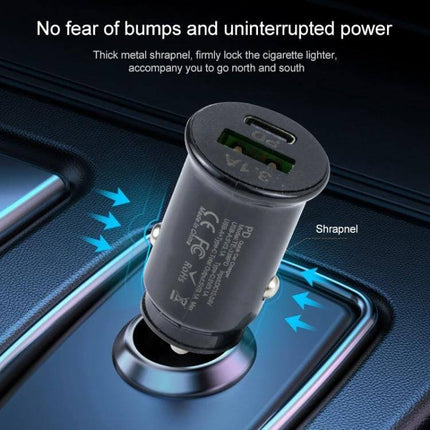 TE-339PD Dual Port Car Charger For Fast USB C Charging compact dual-port car charger with USB-C PD and second USB port inserted into vehicle socket