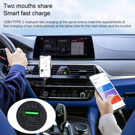 TE-339PD Dual Port Car Charger For Fast USB C Charging in car dashboard showing two phones charging via USB-C PD and USB port