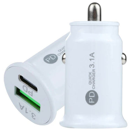 TE-339PD Dual Port Car Charger For Fast USB C Charging white compact dual-port car charger with USB-C PD and 3.1A USB-A