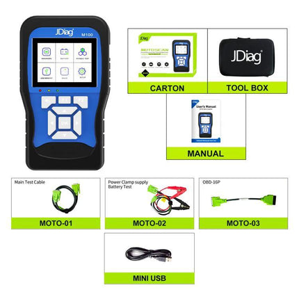 JDiag Tool for Everyday Motorcycle Maintenance and Diagnostics handheld diagnostic device with cables, OBD connector, manual and carrying case