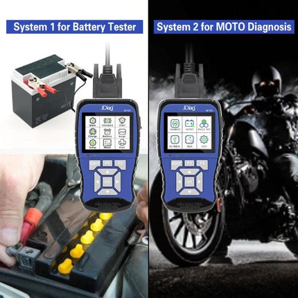 JDiag Tool for Everyday Motorcycle Maintenance and Diagnostics handheld diagnostic shown testing a battery and motorcycle systems