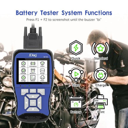 JDiag Tool for Everyday Motorcycle Maintenance and Diagnostics handheld battery tester showing menu and icons with mechanic working in background