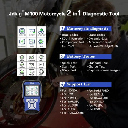 JDiag Tool for Everyday Motorcycle Maintenance and Diagnostics handheld diagnostic device showing screen, battery tester, and supported brand list