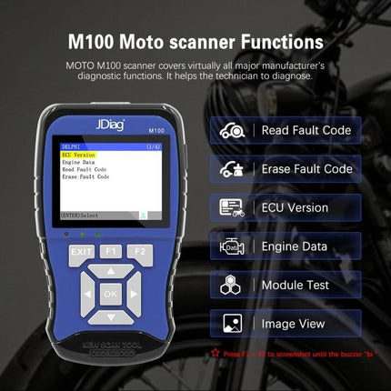 JDiag Tool for Everyday Motorcycle Maintenance and Diagnostics handheld M100 moto scanner displaying read/erase fault code and engine data