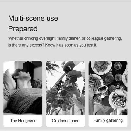 Xiaomi Lydsto Portable Digital Alcohol Tester with Keychain showing multi‑scene use for hangovers, outdoor dinner and family gathering with LCD display