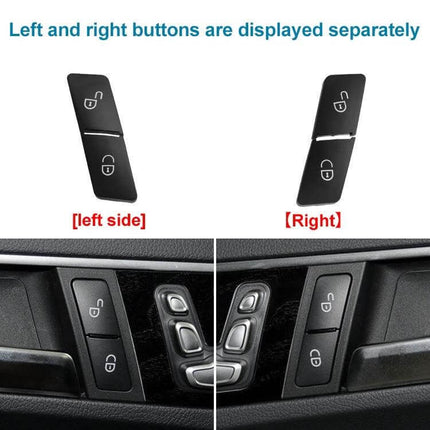 Mercedes-Benz Right Side Door Lock Switch Button Black shown separate from left button and installed on door panel, factory-fit replacement