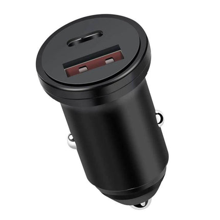 Dual Port Car Charger For Everyday On The Go Compact Travel – compact black 20W PD 3.0 QC 3.0 car charger with USB-C and USB-A ports