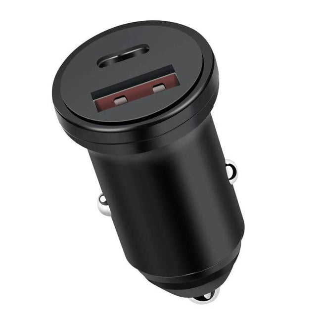 Dual Port Car Charger For Everyday On The Go Compact Travel – compact black 20W PD 3.0 QC 3.0 car charger with USB-C and USB-A ports