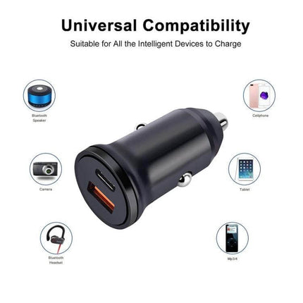 Dual Port Car Charger For Everyday On The Go Compact Travel - 20W PD 3.0 QC 3.0 Type-C dual-port car charger for phones and tablets