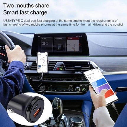 Dual Port Car Charger For Everyday On The Go Compact Travel - compact PD Type-C 20W dual-port car charger charging two phones in car during road trips