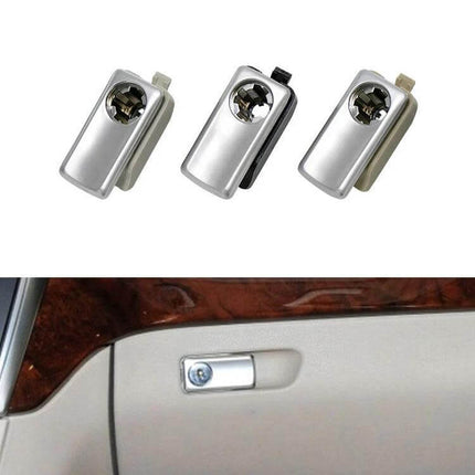 Car Glove Box Handle Switch For Mercedes-Benz Left-Hand Drive silver ABS replacement shown in multiple finishes and installed on glove box