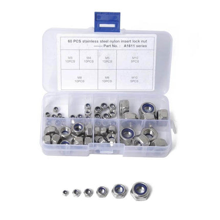 Nylon Insert Lock Nuts Set M3-M10, 304 Stainless Steel - 60-piece assortment in clear plastic case with six size compartments