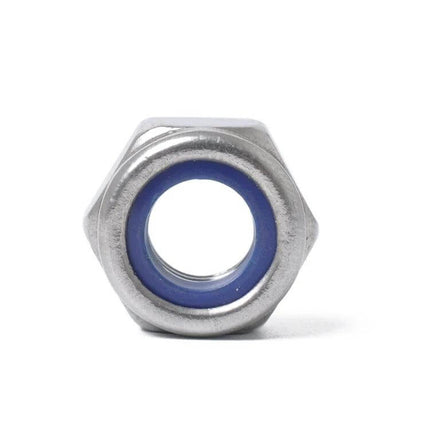 Nylon Insert Lock Nuts Set M3-M10, 304 Stainless Steel single blue-insert M6 hex nut close-up corrosion-resistant fastening hardware