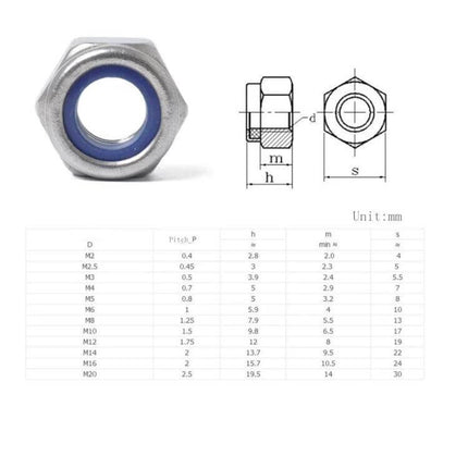 Nylon Insert Lock Nuts Set M3-M10, 304 Stainless Steel hex nut with blue nylon insert and technical dimensions chart