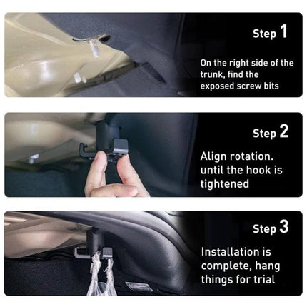 Practical Car Trunk Grocery Bag Hook for Tesla Model 3 shown installed with step-by-step trunk installation instructions