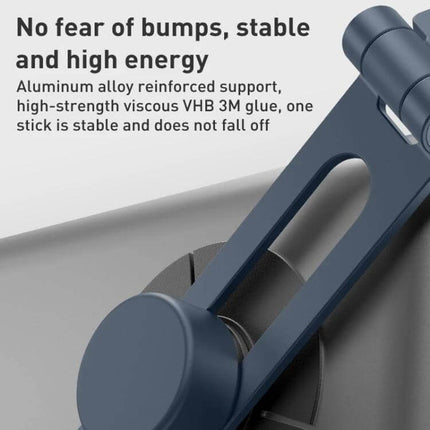 MOMAX Invisible Aluminum Folding Universal Device Mount attached to dashboard showing aluminum hinge and VHB adhesive stability