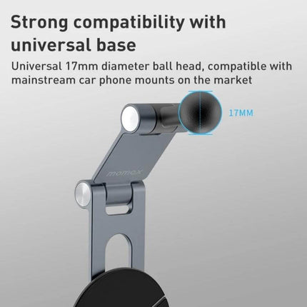 MOMAX Invisible Aluminum Folding Universal Device Mount showing 17mm universal ball head compatibility for dashboards and desks