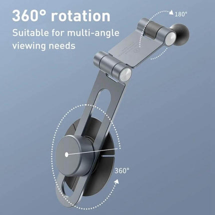 MOMAX Invisible Aluminum Folding Universal Device Mount showing 360° rotation and multi-angle adjustable arm for dashboard or desk use