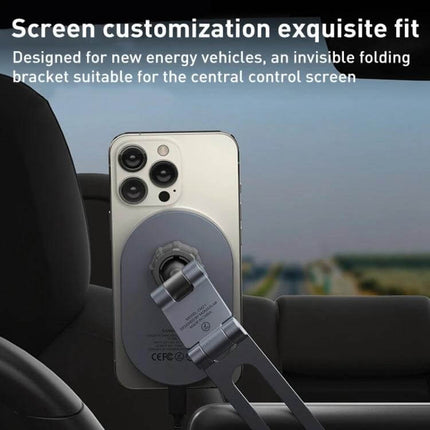 MOMAX Invisible Aluminum Folding Universal Device Mount holding smartphone on car dashboard for hands-free navigation