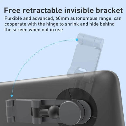 MOMAX Invisible Aluminum Folding Universal Device Mount showing retractable invisible bracket attached to tablet for hands-free use