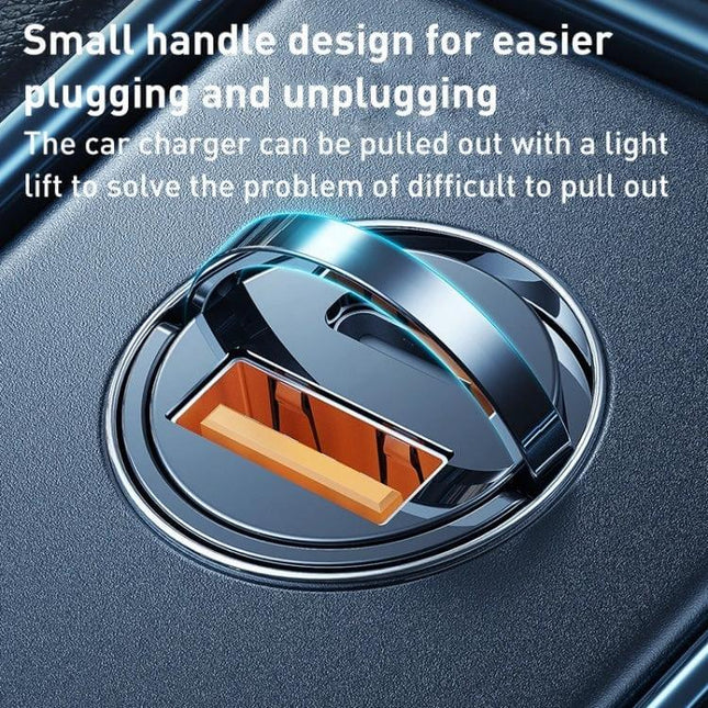 Car Charger Mini In-Car Charging On The Go Daily Use compact aluminum dual-port car charger with pull-out handle shown in dashboard socket