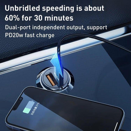 Car Charger Mini In-Car Charging On The Go Daily Use - compact dual-port aluminum car charger showing fast PD20W charging phone at 60% in 30 minutes