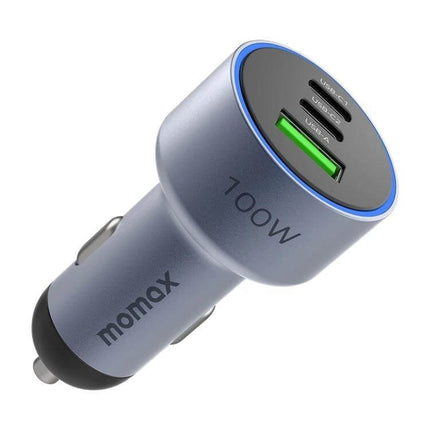 MOMAX Car Charger Three-Port USB-C and USB-A for Phones and Tablets – 100W metal car charger with two USB‑C and one USB‑A port