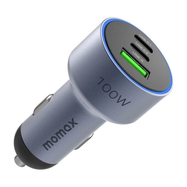 MOMAX Car Charger Three-Port USB-C and USB-A for Phones and Tablets – 100W metal car charger with two USB‑C and one USB‑A port
