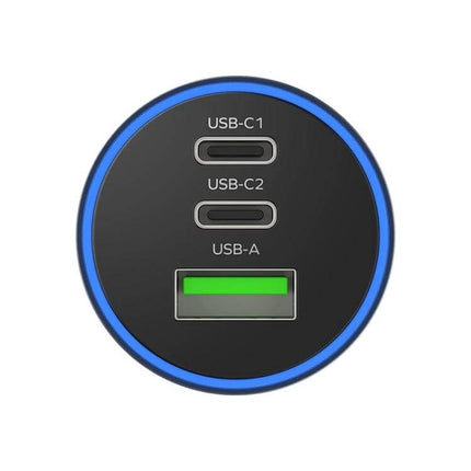 MOMAX Car Charger Three-Port USB-C and USB-A for Phones and Tablets — top view showing two USB‑C ports and one USB‑A port with blue ring, 100W total
