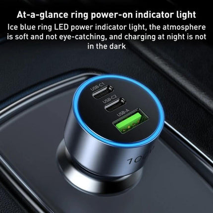MOMAX Car Charger Three-Port USB-C and USB-A for Phones and Tablets with ice-blue ring LED and three ports (USB-C1 USB-C2 USB-A) charging in car