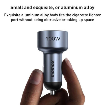 MOMAX Car Charger Three-Port USB-C and USB-A for Phones and Tablets - compact 100W aluminum alloy car charger fitting cigarette lighter port