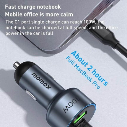 MOMAX Car Charger Three-Port USB-C and USB-A for Phones and Tablets – 100W car charger shown powering a MacBook Pro and phone