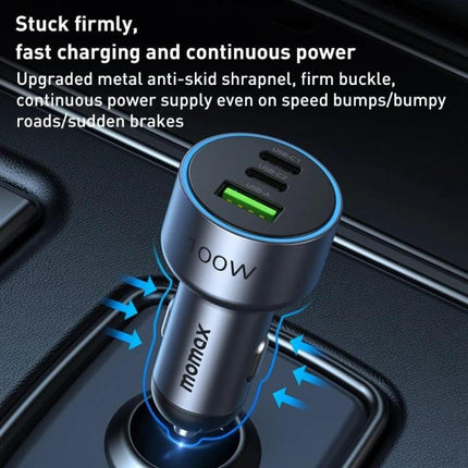 MOMAX Car Charger Three-Port USB-C and USB-A for Phones and Tablets shown plugged into car cigarette socket with two USB-C and one USB-A ports, 100W total