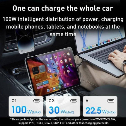 MOMAX Car Charger Three-Port USB-C and USB-A for Phones and Tablets charging iPad and laptop in car with 100W total output and 3 ports