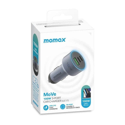 MOMAX Car Charger Three-Port USB-C and USB-A for Phones and Tablets – 100W car charger with dual USB-C and USB-A ports for phones, tablets and some laptops
