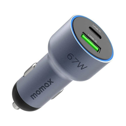 MOMAX Car Charger With Dual USB Ports For Everyday Car Use - compact 67W PD3.0 USB-C and USB-A car charger for phones, tablets, laptops