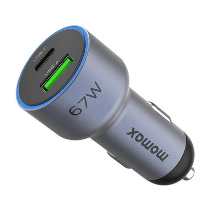 MOMAX Car Charger With Dual USB Ports For Everyday Car Use compact 67W PD3.0 USB-C and USB-A car cigarette lighter charger