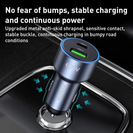MOMAX Car Charger With Dual USB Ports For Everyday Car Use - 67W PD3.0 compact metal car cigarette lighter charger, stable hold for bumpy roads