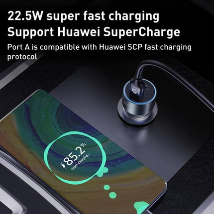 MOMAX Car Charger With Dual USB Ports For Everyday Car Use showing fast charging on phone and USB-C cable plugged into car charger