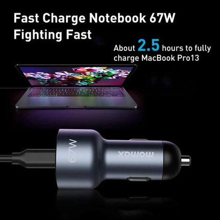 MOMAX Car Charger With Dual USB Ports For Everyday Car Use - 67W PD fast car charger shown charging laptop and phone