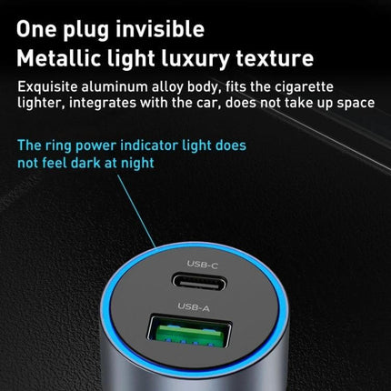 MOMAX Car Charger With Dual USB Ports For Everyday Car Use - compact metallic 67W PD3.0 USB-C and USB-A car charger with blue indicator ring