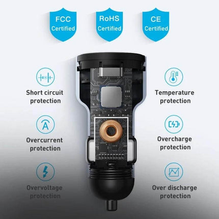 MOMAX Car Charger With Dual USB Ports For Everyday Car Use showing internal circuitry and safety protection icons (short circuit, temperature, overcurrent, overcharge)