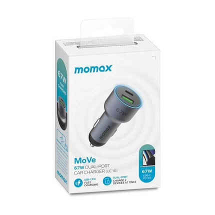 MOMAX Car Charger With Dual USB Ports For Everyday Car Use – compact 67W PD3.0 dual-port car charger for phones, tablets and USB‑C laptops