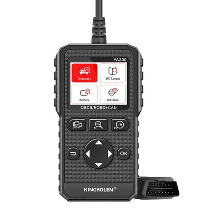 KINGBOLEN YA200 for Routine Vehicle Diagnostics in Daily Drives handheld OBD2 scanner showing menu screen and OBDII connector