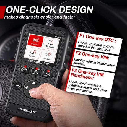 KINGBOLEN YA200 for Routine Vehicle Diagnostics in Daily Drives - handheld OBD2 scanner plugged into car steering wheel, one-click DTC, VIN, I/M checks