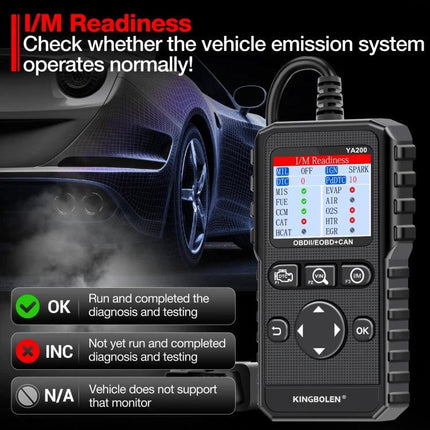 KINGBOLEN YA200 for Routine Vehicle Diagnostics in Daily Drives compact OBD2 scanner showing I/M Readiness screen and status indicators