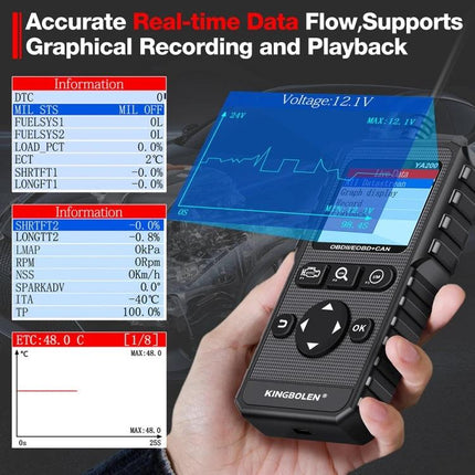 KINGBOLEN YA200 for Routine Vehicle Diagnostics in Daily Drives compact OBD2 scanner showing live data and error codes on screen