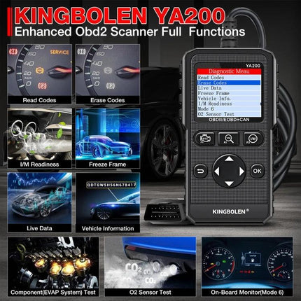 KINGBOLEN YA200 for Routine Vehicle Diagnostics in Daily Drives compact OBD2 scanner showing live data, read/erase codes, freeze frame, O2 tests