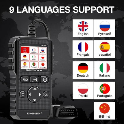 KINGBOLEN YA200 for Routine Vehicle Diagnostics in Daily Drives compact OBD2 scanner showing 9 languages support display